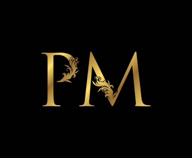 Vintage Gold P, M ve PM Letter Floral logosu. Kitap tasarımı, yabani otlar, marka adı, kartvizit, restoran, butik, otel amblemi.. 