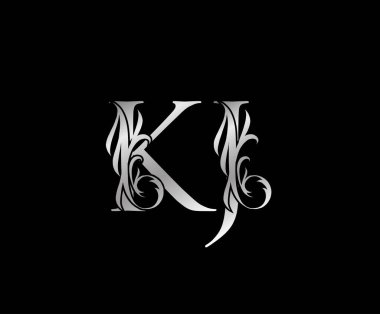 Klasik Gümüş K, J ve KJ Harf Çiçeği logosu. Heraldic Vintage kitap tasarımı, yabani otlar, marka adı, kartvizit, Restoran, Butik, Otel için amblem çizdi. 