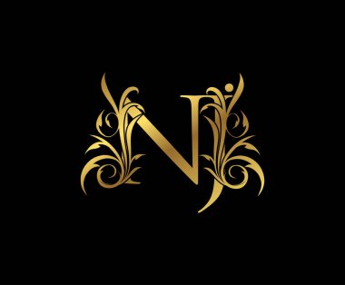 Lüks Altın N, J ve NJ Letter Klas Çiçek Logosu Simgesi. Kitap tasarımı için klasik amblem, yabani otlar, mektup damgası, restoran, butik, otel. 