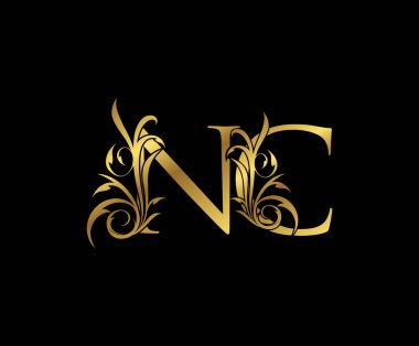 Lüks Altın N, C ve NC Harf Klas Çiçek Logosu Simgesi. Kitap tasarımı için klasik amblem, yabani otlar, mektup damgası, restoran, butik, otel. 