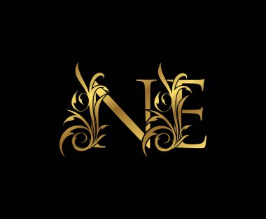 Lüks Altın N, E ve NE Harf Klas Çiçek Logosu Simgesi. Kitap tasarımı için klasik amblem, yabani otlar, mektup damgası, restoran, butik, otel. 
