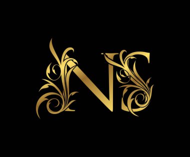 Lüks Altın N, S ve NS Harf Klas Çiçek Logosu Simgesi. Kitap tasarımı için klasik amblem, yabani otlar, mektup damgası, restoran, butik, otel. 