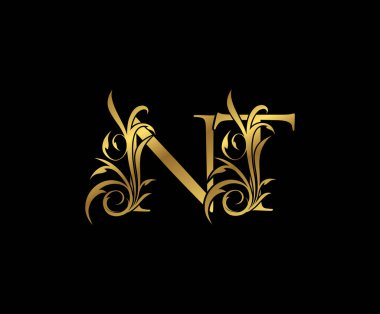 Lüks Altın N, T ve NT Harf Klas Çiçek Logosu Simgesi. Kitap tasarımı için klasik amblem, yabani otlar, mektup damgası, restoran, butik, otel. 