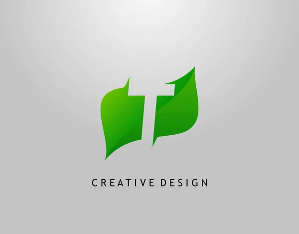 緑のT字ロゴ 単純な葉の形をした初期Tの現代抽象 ネイチャー コンセプトデザイン — ストックベクタ