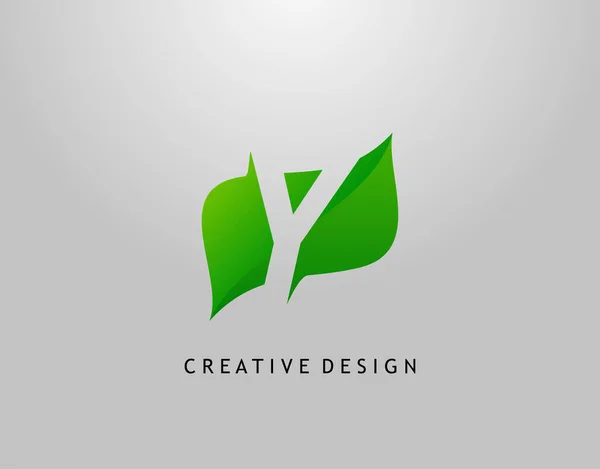 緑のY字ロゴ シンプルな葉形で初期Yの現代抽象 ネイチャー コンセプトデザイン — ストックベクタ