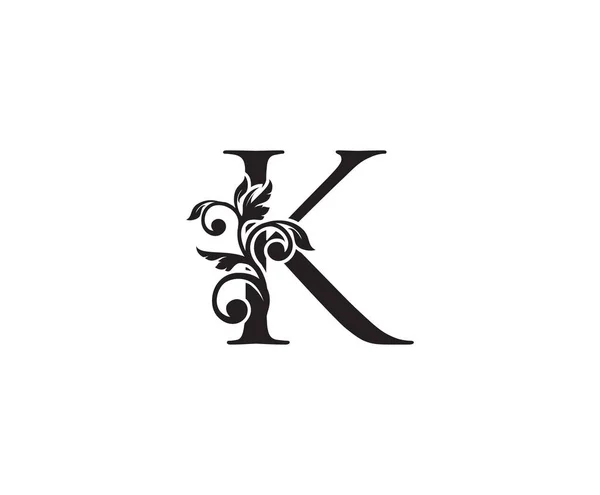复古字母K标志 经典K字母设计矢量与黑色和花卉手绘 — 图库矢量图片
