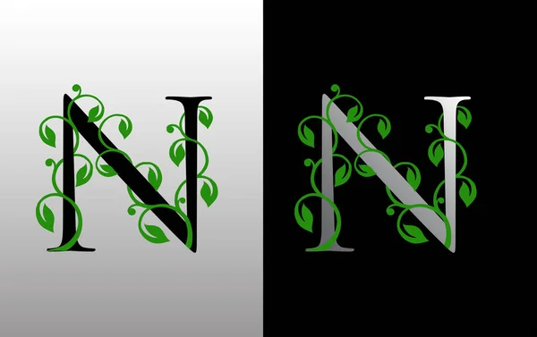 豪華な緑の葉のロゴデザインのエレガントなNレターアイコン Icon — ストックベクタ