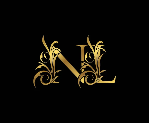 Luxus Arany Levél Classy Floral Logo Ikon Vintage Rajzolt Embléma — Stock Vector