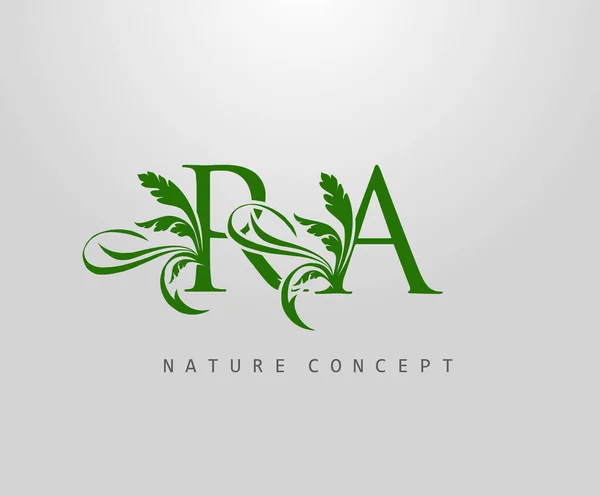 字母R A和Ra绿叶标志设计 单字标识 简单的漩涡绿叶字母图标 — 图库矢量图片
