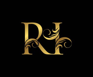 Zarif Altın RI Harf Çiçek logosu. Kitap tasarımı için klasik amblem, yabani otlar, marka adı, kartvizit, restoran, butik, otel. 