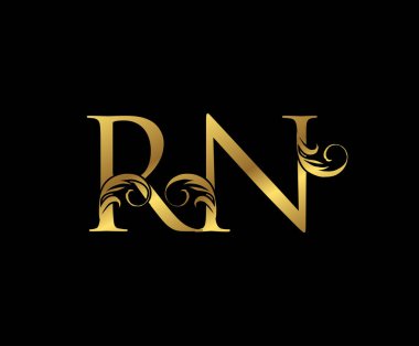 Zarif Altın RN Harf Çiçek logosu. Kitap tasarımı için klasik amblem, yabani otlar, marka adı, kartvizit, restoran, butik, otel. 