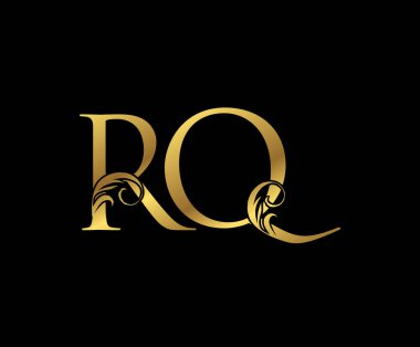 Zarif Altın RQ Harf Çiçek logosu. Kitap tasarımı için klasik amblem, yabani otlar, marka adı, kartvizit, restoran, butik, otel. 