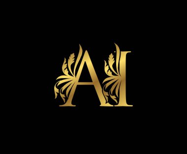 Klas Altın Yapay Zeka Harf Çiçek logosu. Kitap tasarımı için klasik amblem, yabani otlar, marka adı, kartvizit, restoran, butik, otel. 