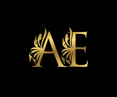 Klas Altın AE Harf Çiçek logosu. Kitap tasarımı için klasik amblem, yabani otlar, marka adı, kartvizit, restoran, butik, otel. 