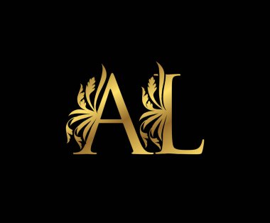 Klas Altın Harf Çiçek logosu. Kitap tasarımı için klasik amblem, yabani otlar, marka adı, kartvizit, restoran, butik, otel. 