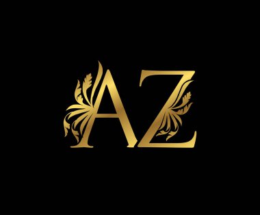 Klas Altın AZ Harf Çiçek logosu. Kitap tasarımı için klasik amblem, yabani otlar, marka adı, kartvizit, restoran, butik, otel. 
