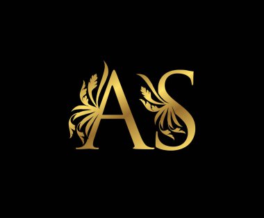 Klas Altın AS Harf Çiçek logosu. Kitap tasarımı için klasik amblem, yabani otlar, marka adı, kartvizit, restoran, butik, otel. 