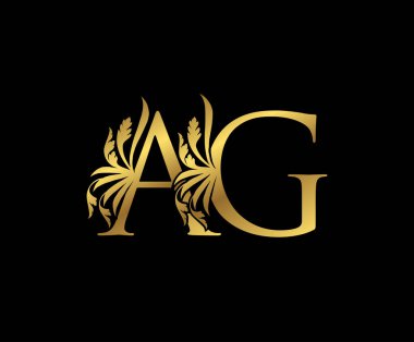 Klas Altın AG Harf Çiçek logosu. Kitap tasarımı için klasik amblem, yabani otlar, marka adı, kartvizit, restoran, butik, otel. 
