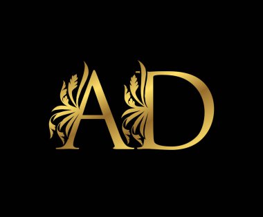 Klas Altın Harf Çiçek logosu. Kitap tasarımı için klasik amblem, yabani otlar, marka adı, kartvizit, restoran, butik, otel. 