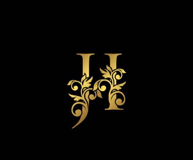 Golden JI, J ve ben Lüks Logo Simgesi, Klasik Altın Baş harfleri Mark Tasarımı. Siyah arka planda zarif lüks altın rengi
