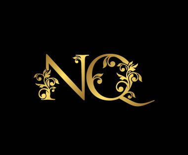 Golden NQ, N ve Q Luxury Logo Simgesi, Klasik Altın Baş harfleri Mark Design. Siyah arka planda zarif lüks altın rengi