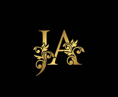 Altın JA, J ve Lüks Logo Simgesi, Klasik Altın Baş harfleri Mark Design. Siyah arka planda zarif lüks altın rengi