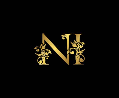Altın NI, N ve Ben Lüks Logo Simgesi, Klasik Altın Baş harfleri Mark Tasarımı. Siyah arka planda zarif lüks altın rengi