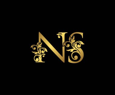 Golden NS, N ve S Luxury Logo Simgesi, Klasik Altın Baş harfleri Mark Design. Siyah arka planda zarif lüks altın rengi
