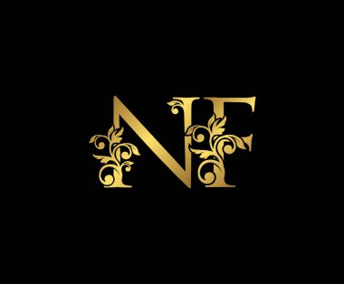 Altın NF, N ve F Lüks Logo Simgesi, Klasik Altın Baş harfleri Mark Design. Siyah arka planda zarif lüks altın rengi