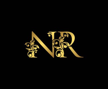 Golden NR, N ve R Lüks Logo Simgesi, Klasik Altın Baş harfleri Mark Design. Siyah arka planda zarif lüks altın rengi