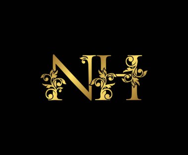 Golden NH, N ve H Luxury Logo Simgesi, Klasik Altın Baş harfleri Mark Design. Siyah arka planda zarif lüks altın rengi