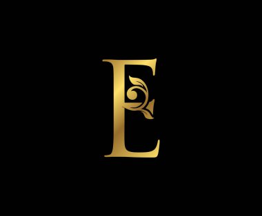 E Letter Floral Gold logo. Classy drawn emblem for book design, weeding card, brand name, business card, Restaurant, Boutique, Hotel.  clipart