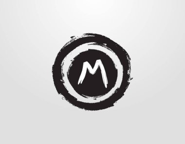 Çember M harfi logosu ve daire şeklinde Grunge sıçrama elementi. Retro logo tasarım şablonu.