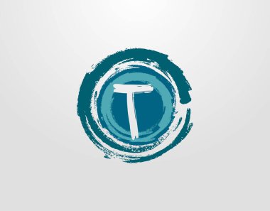 Daire mavi sıçrama elementli T harfi logosu. Mavi Dalga Retro logo tasarım şablonu.