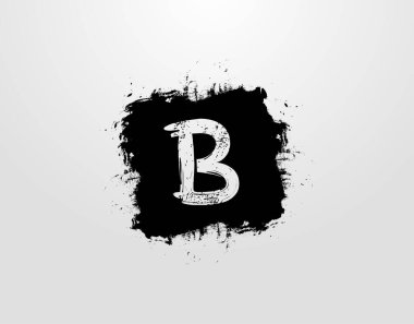 Siyah Kare sıçrama elementli B harfi amblemi. Grunge Retro logo tasarım şablonu.