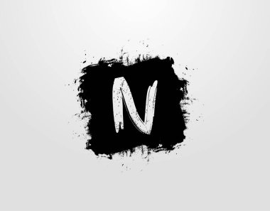 Siyah kare sıçrama elementli N harfi logosu. Grunge Retro logo tasarım şablonu.