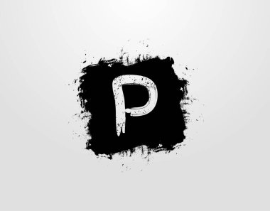 Siyah Kare sıçrama elementli P harfi logosu. Grunge Retro logo tasarım şablonu.