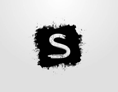 Siyah kare sıçrama elementli S harfi logosu. Grunge Retro logo tasarım şablonu.