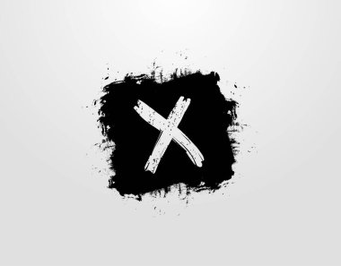 Siyah Kare sıçrama elementli X Harfi logosu. Grunge Retro logo tasarım şablonu.