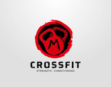 Çember Grunge Elementi 'nde Retro Kettlebell' li M Harfi Logosu. Retro Crossfit logo tasarım şablonu.