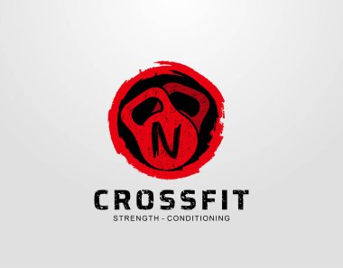 Çember Grunge Elementi 'nde Retro Kettlebell' li N Harfi Logosu. Retro Crossfit logo tasarım şablonu.