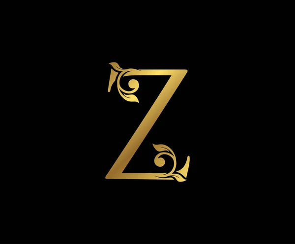Zレターフローラルゴールドロゴ 本のデザイン 結婚式のカード ブランド名 レストラン ブティック ホテルのためのクラス描かれたエンブレム — ストックベクタ