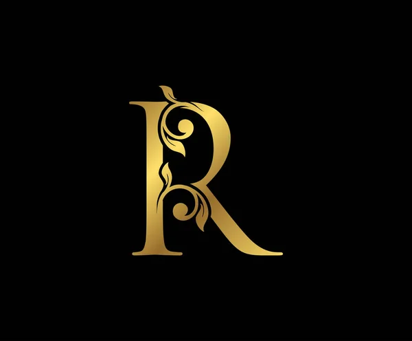 Rレターフローラルゴールドロゴ 本のデザイン 結婚式のカード ブランド名 レストラン ブティック ホテルのためのクラス描かれたエンブレム — ストックベクタ