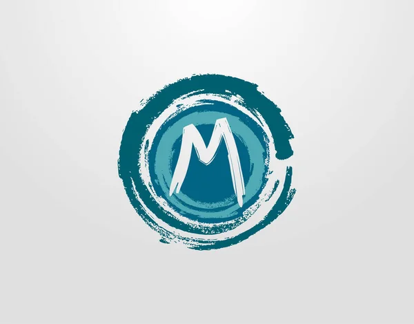 サークルブルーのスプラッタ要素を持つM文字のロゴ ブルーウェーブレトロロゴデザインテンプレート — ストックベクタ