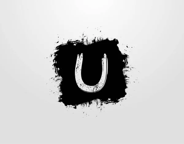 黒の正方形のスプラッタ要素とU文字のロゴ グランジレトロロゴデザインテンプレート — ストックベクタ