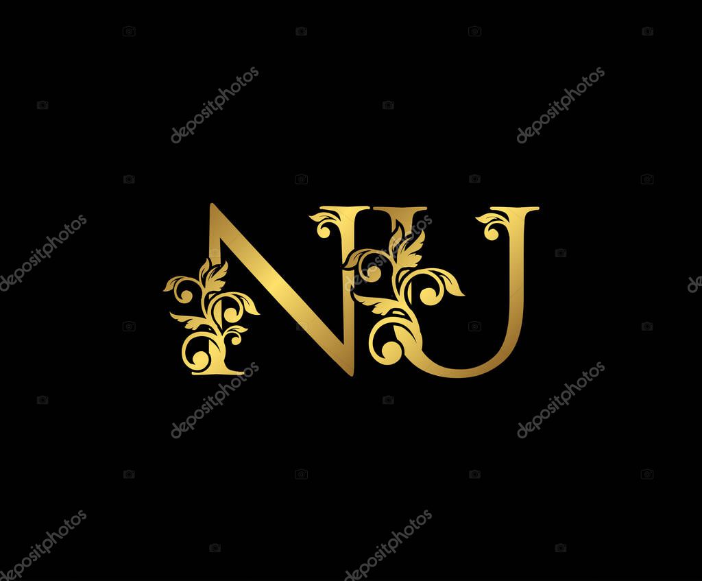 Golden NU, N and U Luxury Logo Icon, Vintage Gold  Initials Mark Design. Elegant luxury gold color on black background
