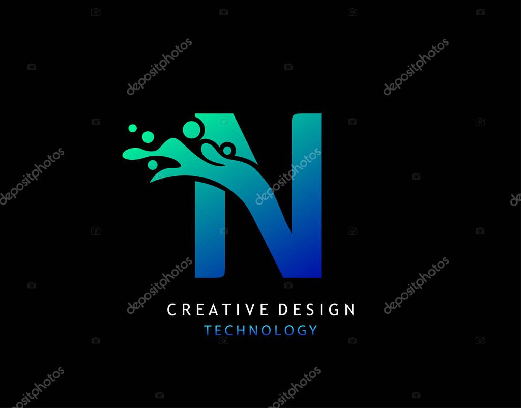 Letter N Water Splash Logo. Modern Techno Alphabetical Icon, Template Design.