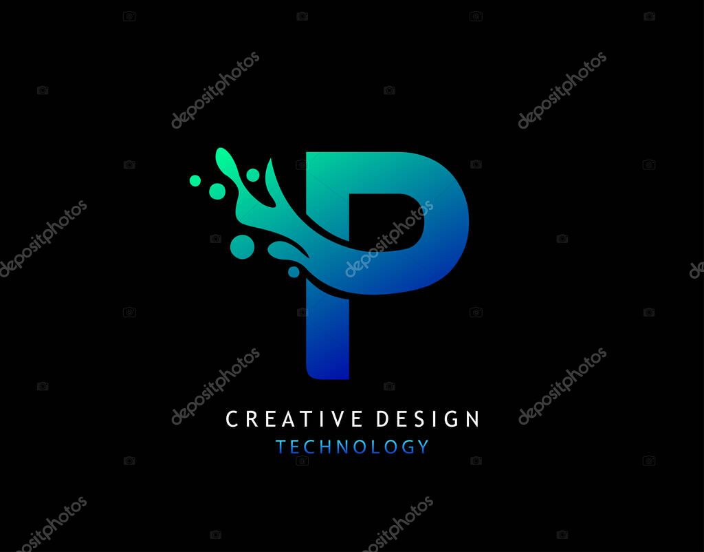 Letter P Water Splash Logo. Modern Techno Alphabetical Icon, Template Design.