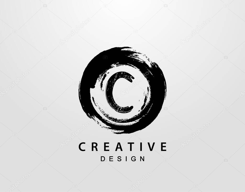 C Logo With Circle Splatter Element. Vintage Circle Wave logo design template.