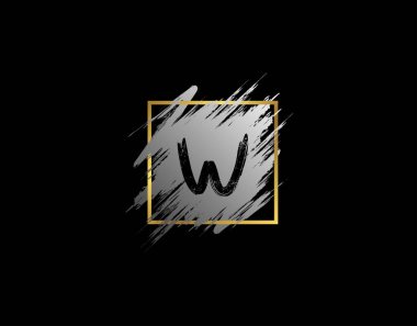 Grunge fırça darbesi ve altın çerçeveli W harfi rozeti. İlk ve imza biçimi olan vektör logo şablonu.